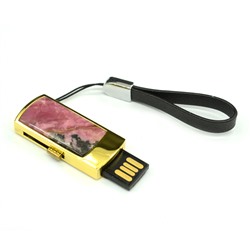 Подарочная флеш карта USB на 32GB с камнем родонит, золотистая