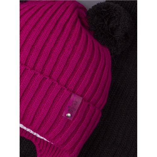Комплект: шапка с бубонами на завязках + шарф, 1.5-3 года (47-50см), фуксия с черным