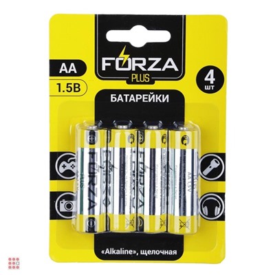 Батарейки щелочные, 4 шт, щелочная, тип AA (LR6), BL, FORZA "Alkaline"