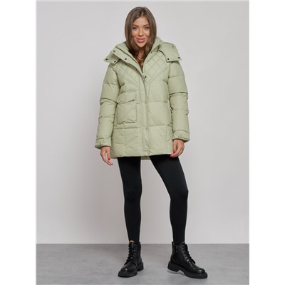 Зимняя женская куртка молодежная с капюшоном салатового цвета 52301Sl