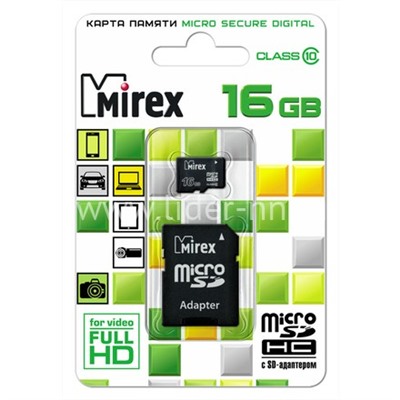 Карта памяти MicroSD 16GB MIREX К10 (с адаптером)