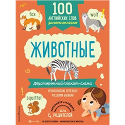 100 английских слов: запомню легко. Животные (двусторонний плакат-схема)