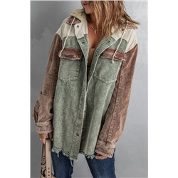 Green Color Block Button Down Hooded Corduroy Jacket