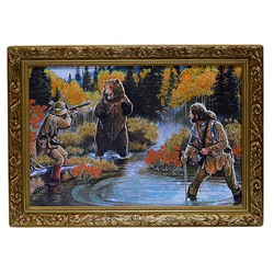 Картина из камня в деревянном багете репродукция "Охота на медведя" 34,5*24см