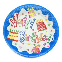 Тарелки картон  d=18см Happy Birthday Торт Синие  (выпис.по 10шт.)