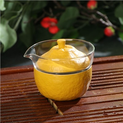 Набор для чайной церемонии керамический «Лимон», 6 предметов: стеклянная чаша с крышкой 210 мл, 2 керамические чаши 40 мл и 150 мл, салфетка, сумка, цвет жёлтый