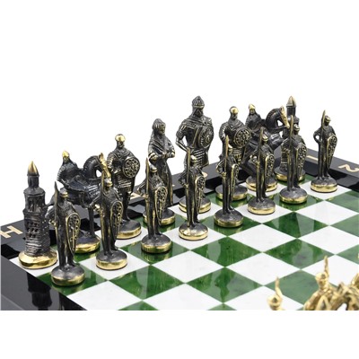 Шахматы с фигурами из бронзы "Русь", в чемодане кожзам 350*350*30мм.