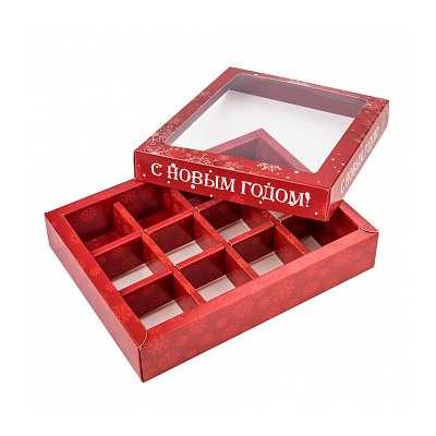 Коробка для 12 конфет с разделителями "Снежинки", красная с окном