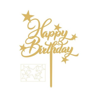 Топпер акриловый «Happy Birthday » золотой со звездочками