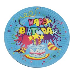 Тарелки картон  d=23см Happy Birthday Торт+серпантин Голубые  (выпис.по 10шт.)