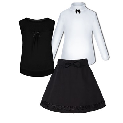 Школьная форма для девочки с белой водолазкой, черным жилетом и юбкой