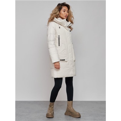 Зимняя женская куртка молодежная с капюшоном бежевого цвета 589006B