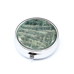 Таблетница на 3 отсека с камнем апатит зеленый, круглая, серебристая
