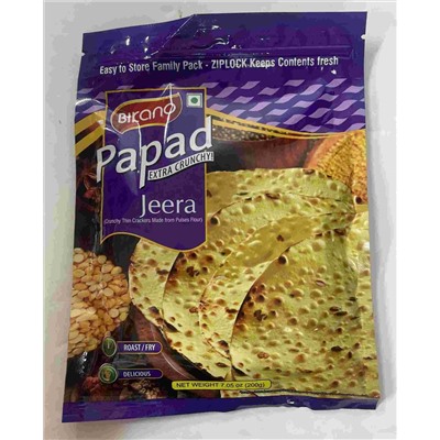 Extra Crunchy PAPAD JEERA, Bikano (Хрустящие лепёшки ПАПАД С ЗИРОЙ, Бикано), 200 г.