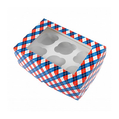 Коробка для 6 капкейков с окном "Клетка красно-синяя"