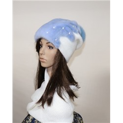 Комплект шапка+снуд "Бини с бусинами" мех норка, цвет голубой