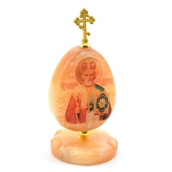 Яйцо из селенита на подставке с крестом "Николай Чудотворец" 47*47*105мм