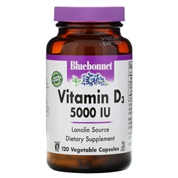 Bluebonnet Nutrition, Витамин D3, 5000 МЕ, 120 растительных капсул