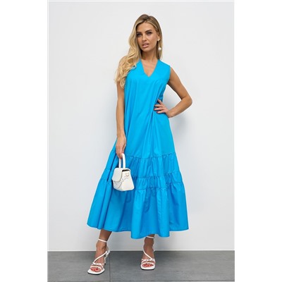 Платье длинное голубое без рукавов с поясом