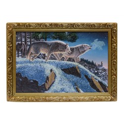 Картина из камня в деревянном багете репродукция "Три волка на скале" 34,5*24,5см