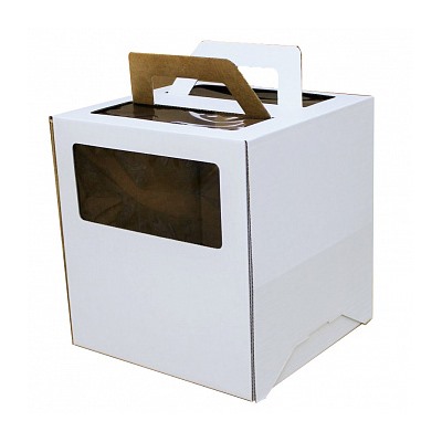 Коробка для торта белая 28*28*30 см, с ручками (окна)