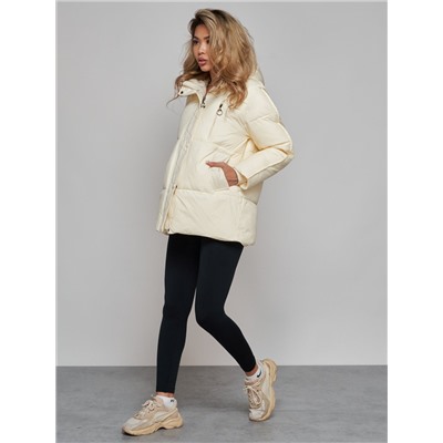 Зимняя женская куртка модная с капюшоном бежевого цвета 52308B