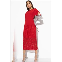 Длинное красное платье с кружевной юбкой и разрезом