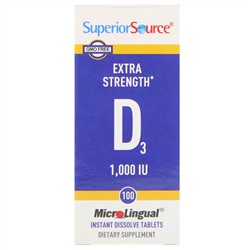 Superior Source, Витамин D3 повышенной силы действия, 1000 МЕ, 100 быстрорастворимых таблеток MicroLingual
