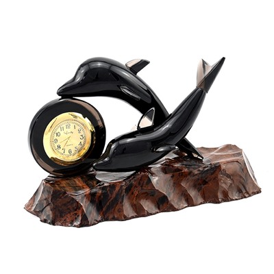 Часы из обсидиана "Дельфины" черный 175*85*115мм.