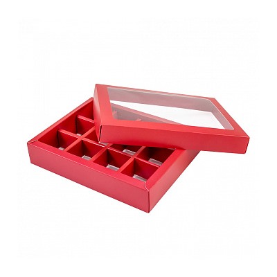 Коробка для 12 конфет с разделителями Красная с окном