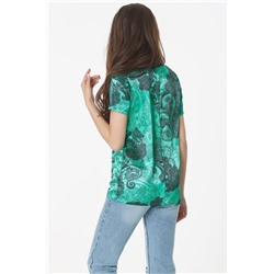Блузка атласная с коротким рукавом с принтом на зеленом