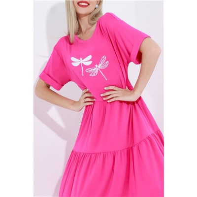 Платье трикотажное ярко-розовое с принтом