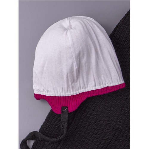 Комплект: шапка с бубонами на завязках + шарф, 1.5-3 года (47-50см), фуксия с черным