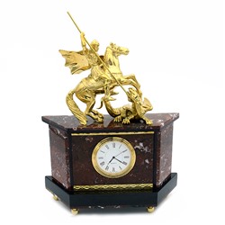 Часы каминные из яшмы и долерита с бронзой "Георгий Победоносец" 180*60*260мм.