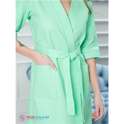 Женский укороченный вафельный халат с планкой зеленый В-01 (12)
