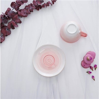 Чайная пара фарфоровая Доляна «Млечный путь», 2 предмета: чашка 220 мл, блюдце d=13,5 см, цвет розовый
