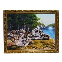 Картина из камня в деревянном багете репродукция "Стая волков у озера" 45*35см