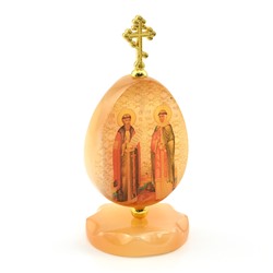 Яйцо из селенита на подставке с крестом "Пётр и Феврония" 47*47*105мм