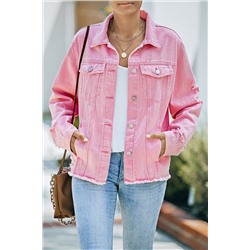 Pink Lapel Distressed Raw Hem Buttons Denim Jacket