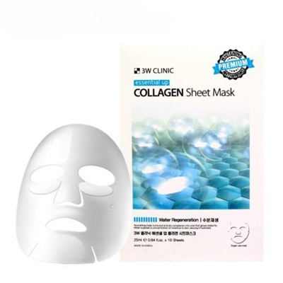 3W CLINIC Маска тканевая д/лица с коллагеном  Essetial Up Collagen Sheet mask 25мл АКЦИЯ! СКИДКА 5%