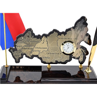 Письменный прибор карта России с флагом и ручкой из обсидиана 240*90*300мм