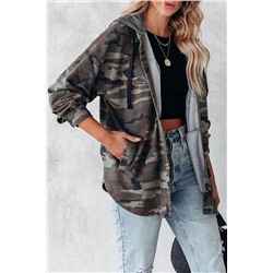 Green Camo Print Button up Hooded Jacket