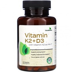 FutureBiotics, витамины K2 + D3 с витамином K2 в виде MK-7, 120 капсул