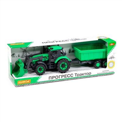 323118 Полесье Трактор "Прогресс" с прицепом и ковшом инерционный (зелёный) (в коробке)