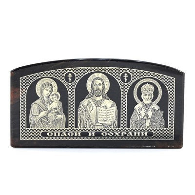 Автомобильная икона из обсидиана "Богородица, Иисус, Николай" 85*45мм арка