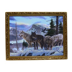 Картина из камня в деревянном багете репродукция "Стая волков у горы" 45*35см