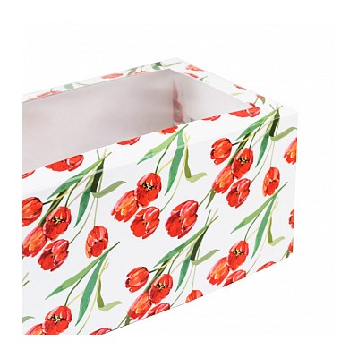 Коробка для 2 капкейков "Красные тюльпаны", с окном