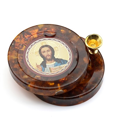 Подсвечник складной из янтаря на магните "Иисус Христос" 60*60*66мм.