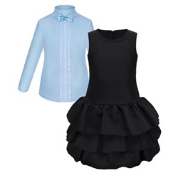 Школьная форма для девочки с голубой водолазкой и черным сарафаном с оборками