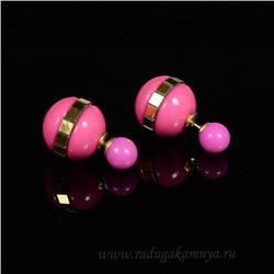 Пусеты двухсторонние шарик 8мм шарик 15мм с зеркальным ободком цв.розовый